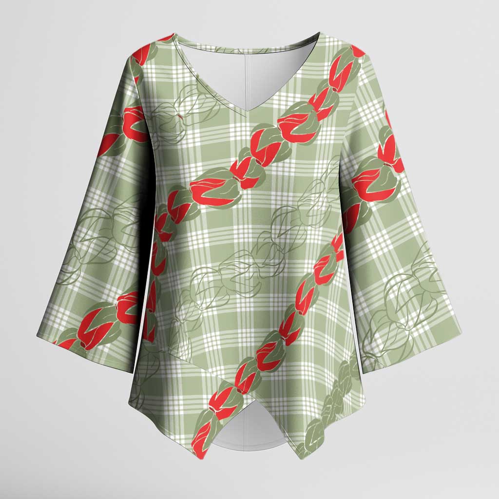 Omaomao Aloha Hawaii Kimono Sleeve Blouse Rosebud Lei With Palaka Motif LT14 Female Green - Polynesian Pride