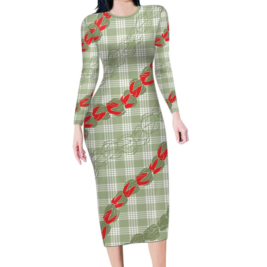 Omaomao Aloha Hawaii Long Sleeve Bodycon Dress Rosebud Lei With Palaka Motif LT14 Long Dress Green - Polynesian Pride