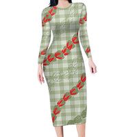 Omaomao Aloha Hawaii Long Sleeve Bodycon Dress Rosebud Lei With Palaka Motif LT14 Long Dress Green - Polynesian Pride