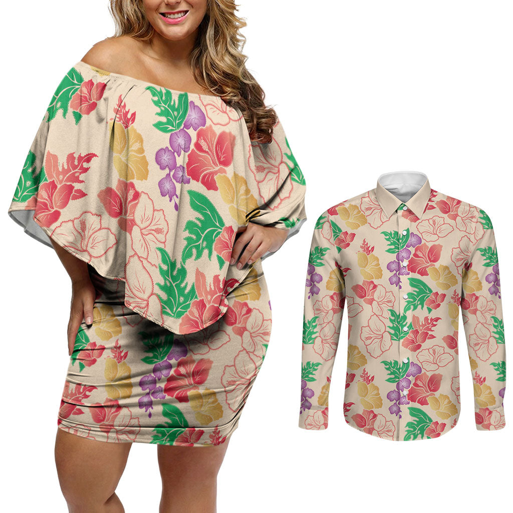 Colorful Aloha Hawaii Hibiscus Orchid Seamless Couples Matching Off Shoulder Short Dress and Long Sleeve Button Shirt LT14 Colorful - Polynesian Pride
