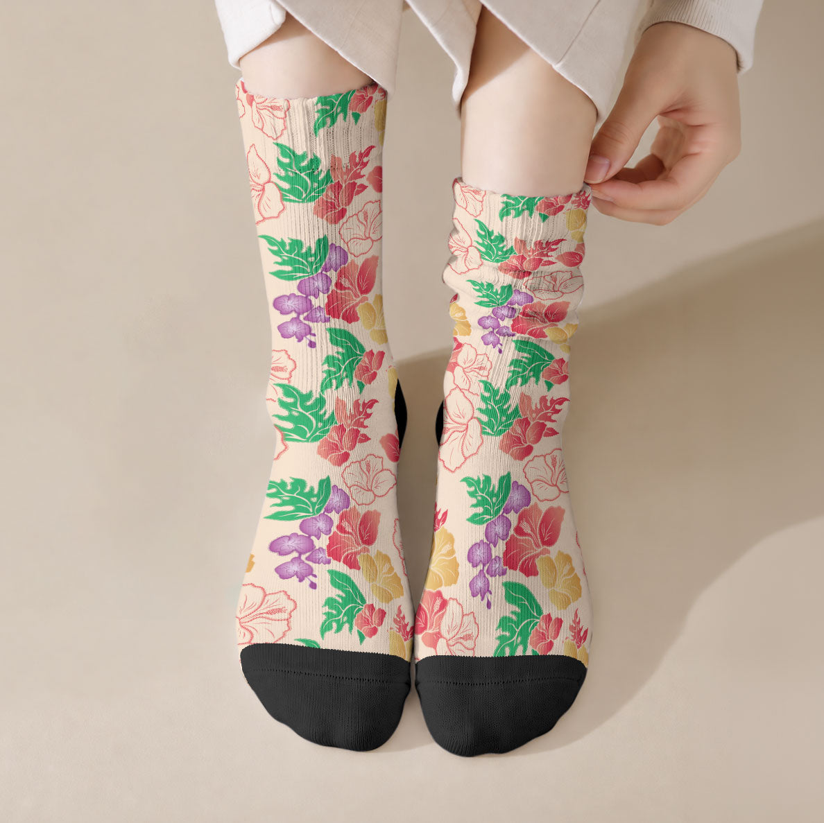 Colorful Aloha Hawaii Hibiscus Orchid Seamless Crew Socks LT14 Crew Socks Colorful - Polynesian Pride