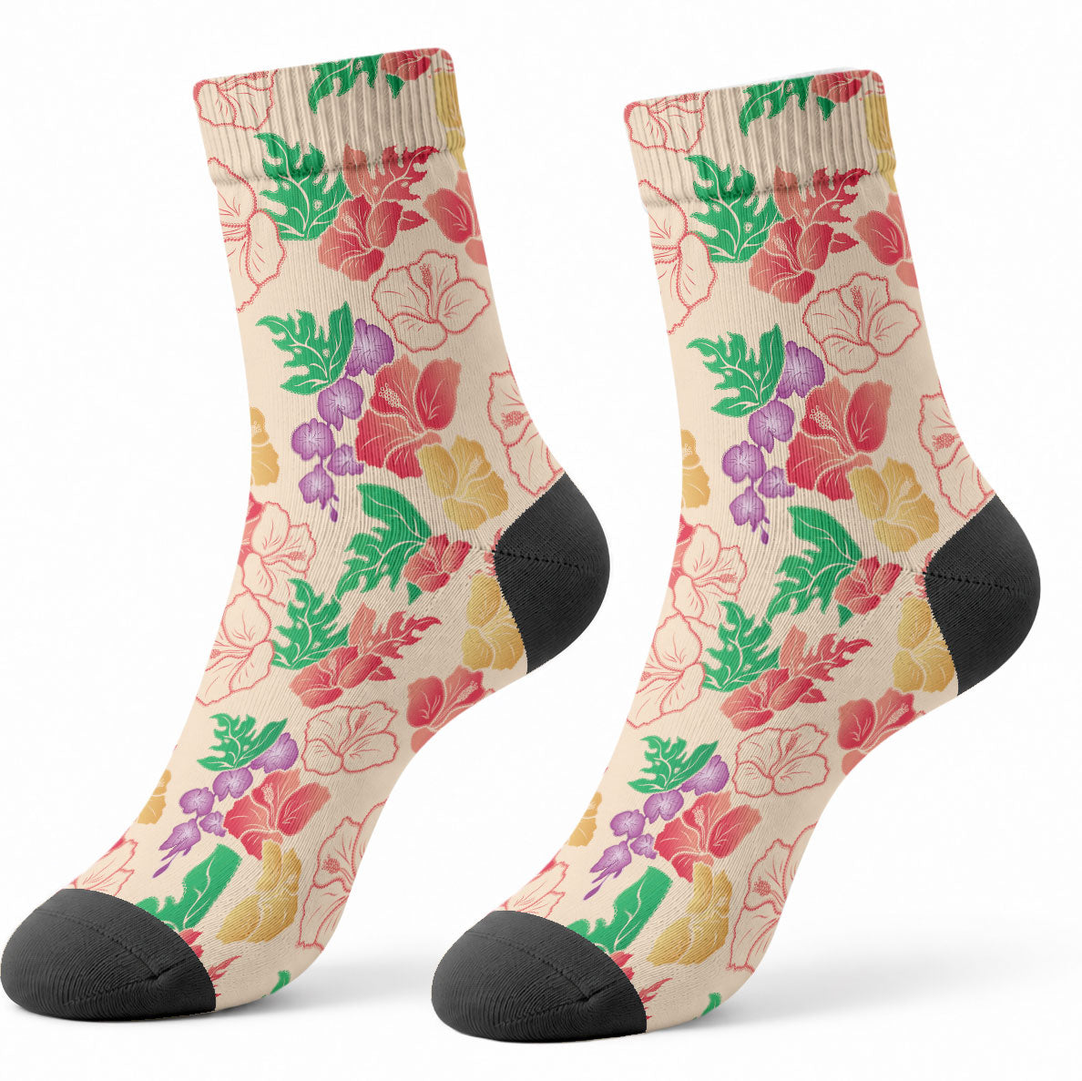 Colorful Aloha Hawaii Hibiscus Orchid Seamless Crew Socks LT14 - Polynesian Pride