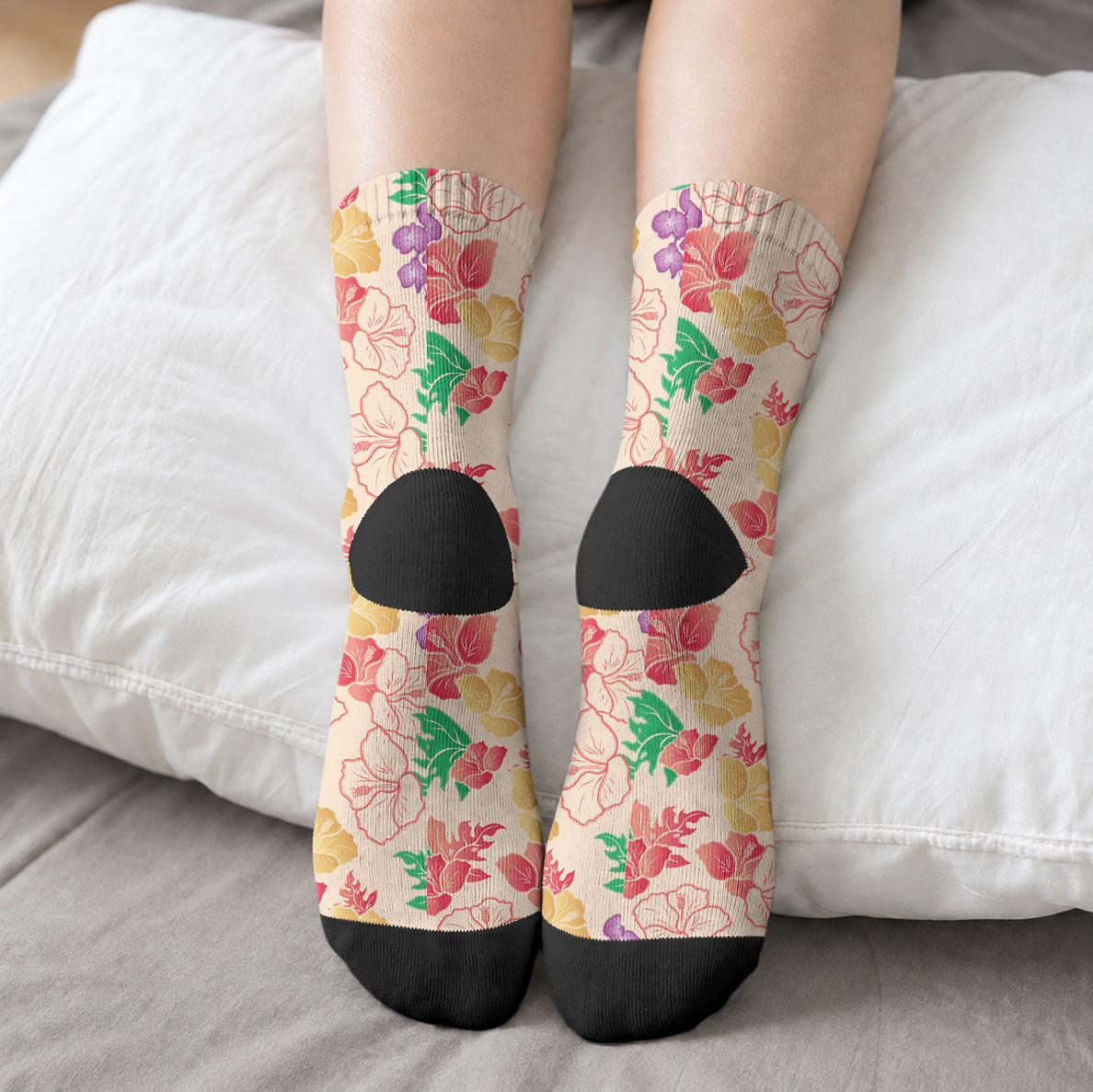 Colorful Aloha Hawaii Hibiscus Orchid Seamless Crew Socks LT14 - Polynesian Pride