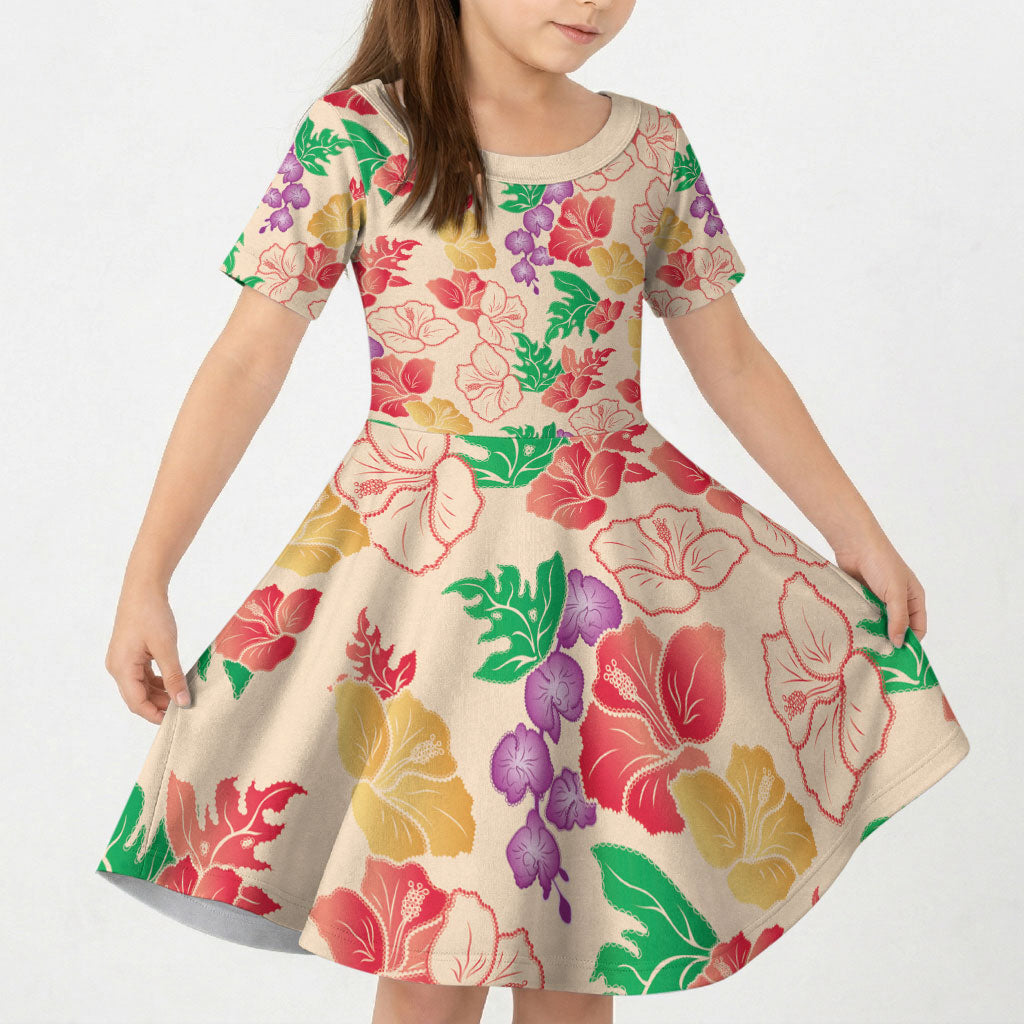Colorful Aloha Hawaii Hibiscus Orchid Seamless Kid Short Sleeve Dress LT14 KID Colorful - Polynesian Pride