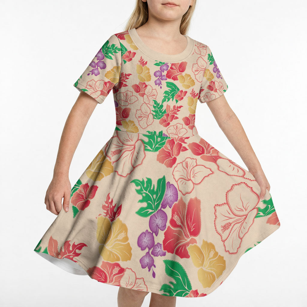Colorful Aloha Hawaii Hibiscus Orchid Seamless Kid Short Sleeve Dress LT14 - Polynesian Pride