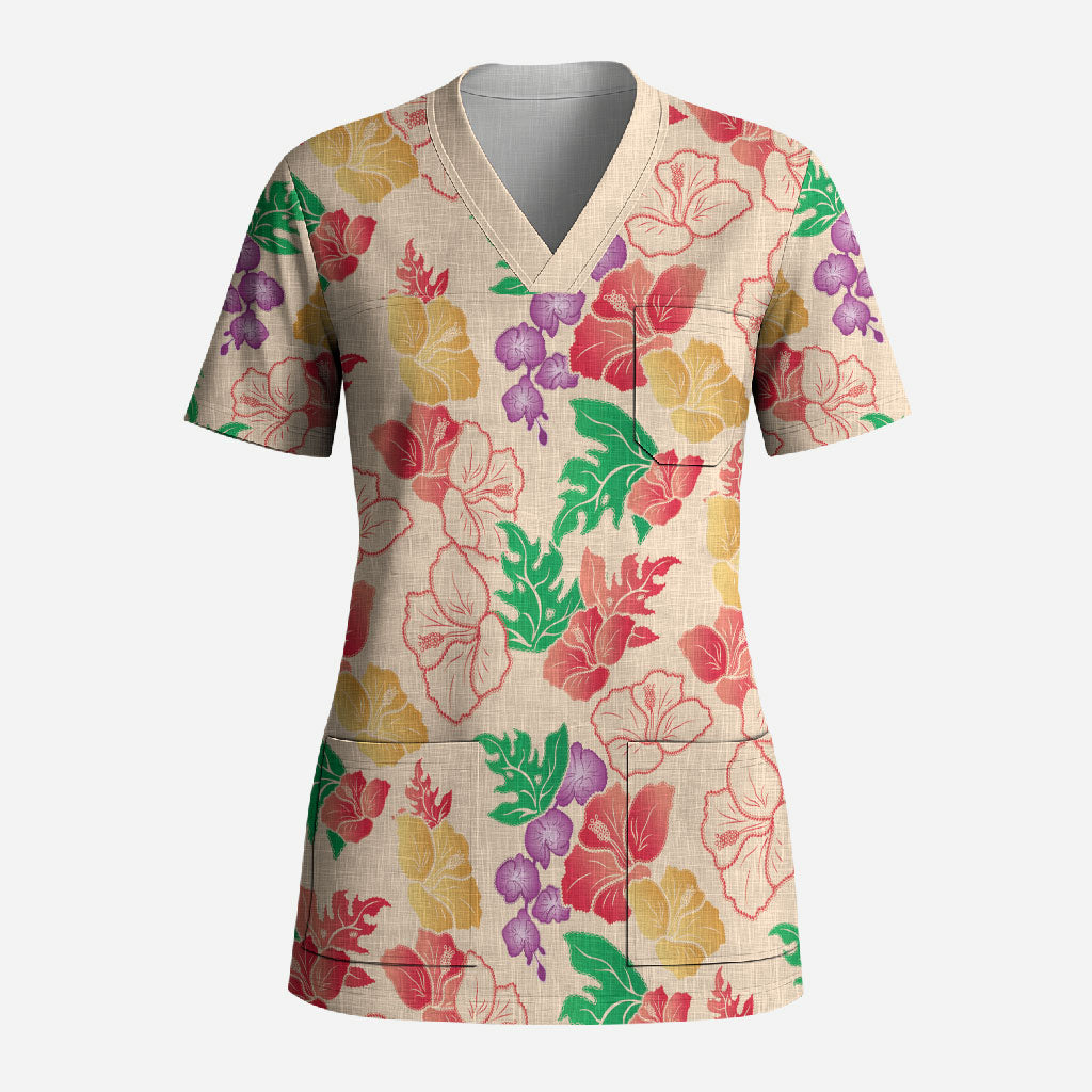 Colorful Aloha Hawaii Hibiscus Orchid Seamless Scrub Top