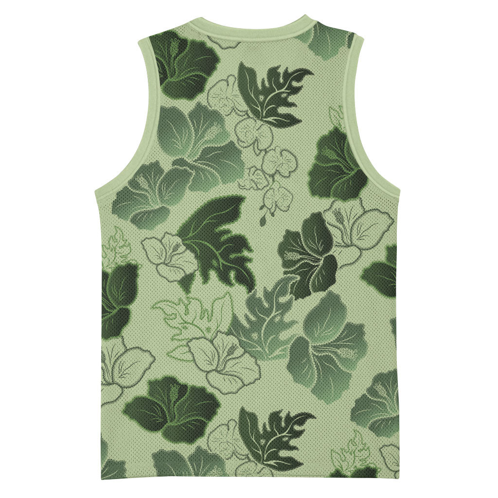 Vesuvian Green Aloha Hawaii Hibiscus Orchid Seamless Basketball Jersey