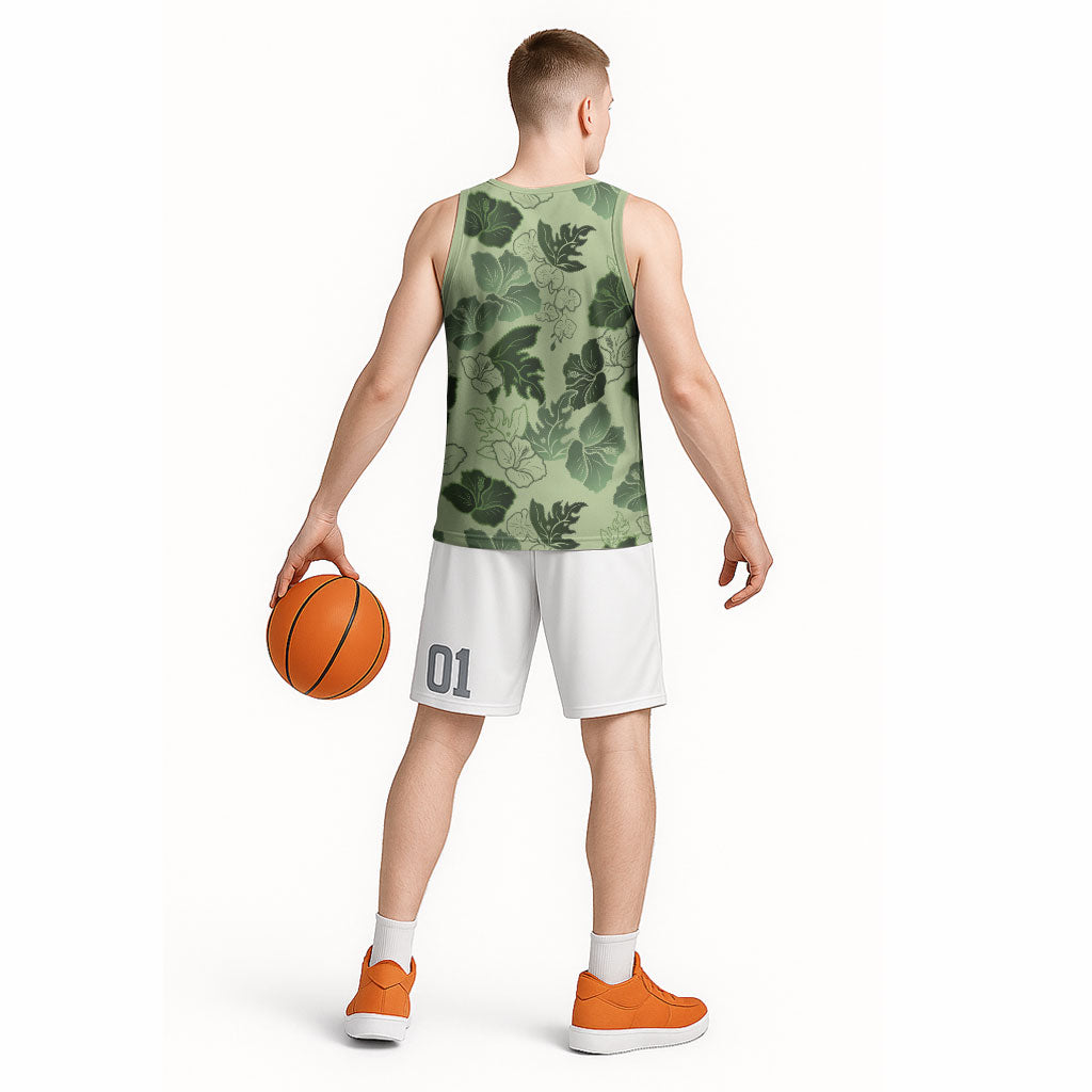 Vesuvian Green Aloha Hawaii Hibiscus Orchid Seamless Basketball Jersey