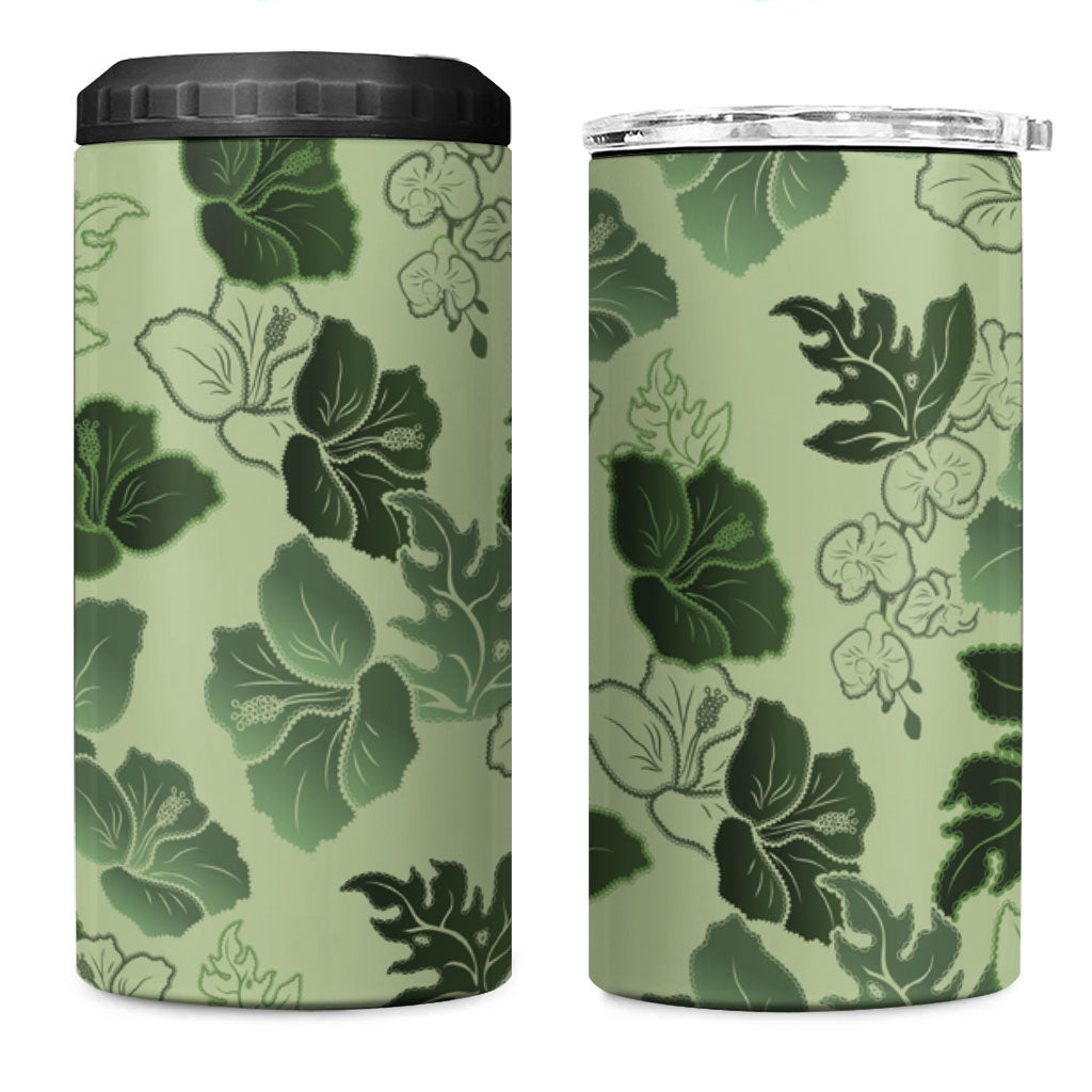 Vesuvian Green Aloha Hawaii Hibiscus Orchid Seamless 4 in 1 Can Cooler Tumbler LT14 One Size: 16 oz Green - Polynesian Pride