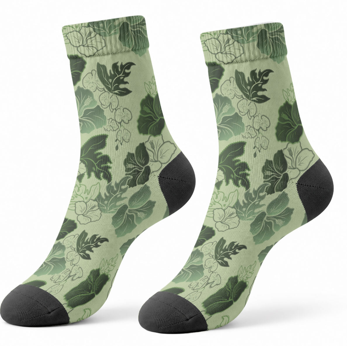 Vesuvian Green Aloha Hawaii Hibiscus Orchid Seamless Crew Socks LT14 - Polynesian Pride