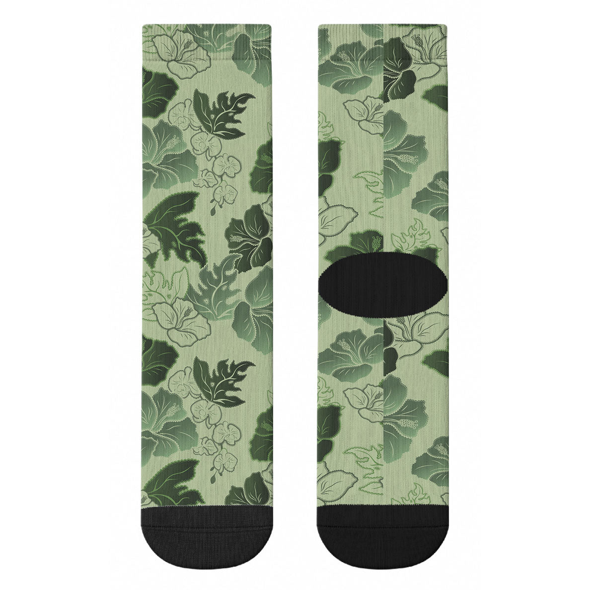 Vesuvian Green Aloha Hawaii Hibiscus Orchid Seamless Crew Socks LT14 - Polynesian Pride