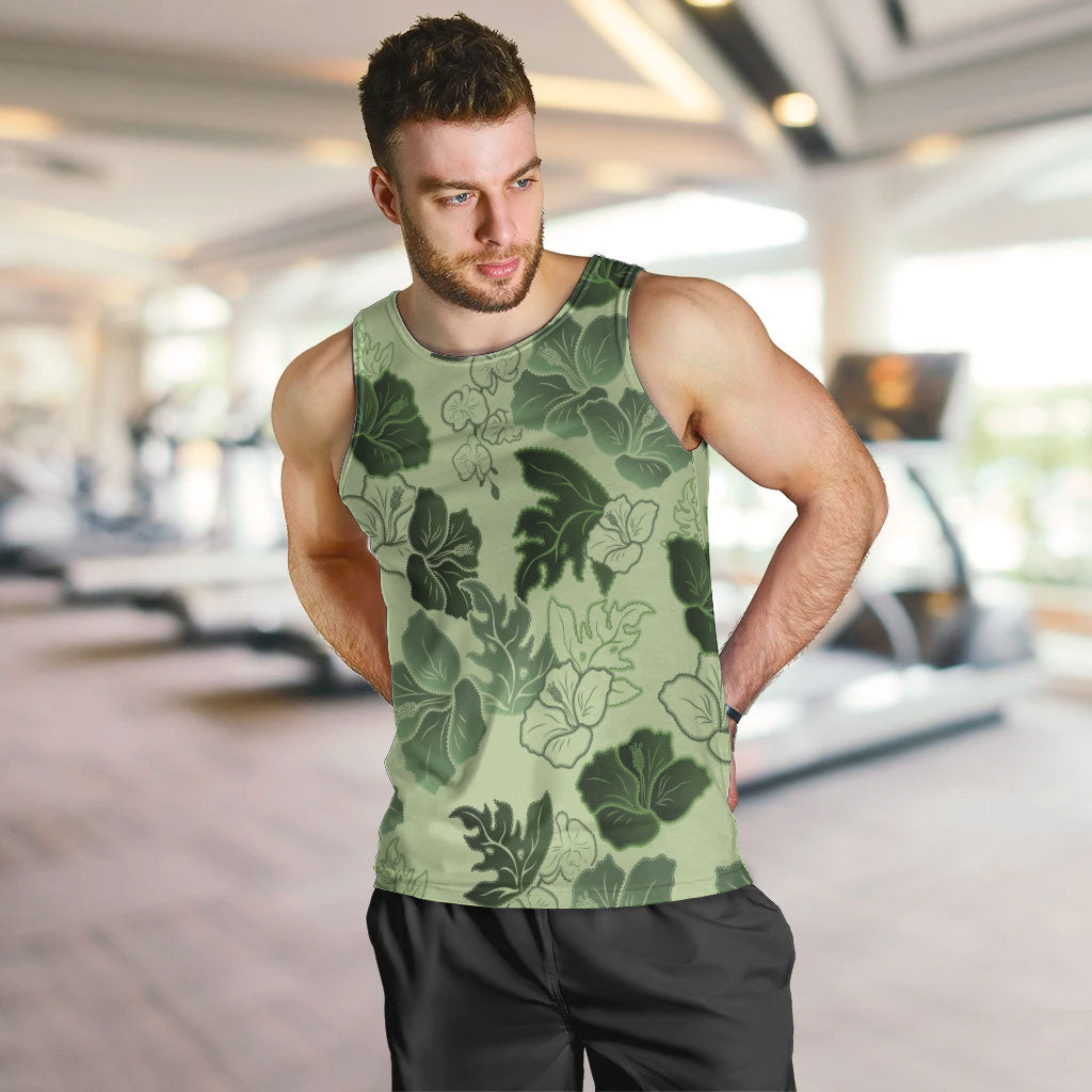 Vesuvian Green Aloha Hawaii Hibiscus Orchid Seamless Men Tank Top