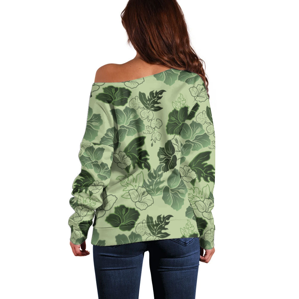 Vesuvian Green Aloha Hawaii Hibiscus Orchid Seamless Off Shoulder Sweater