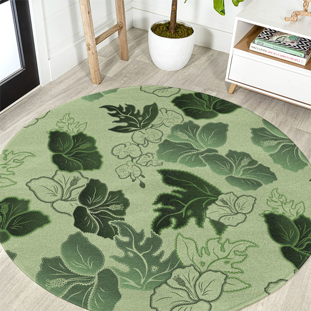 Vesuvian Green Aloha Hawaii Hibiscus Orchid Seamless Round Carpet