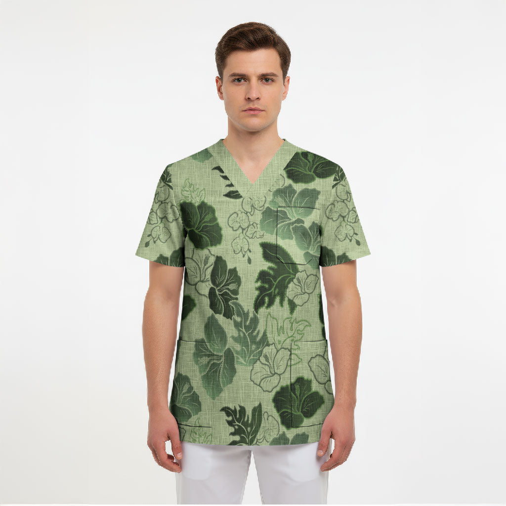 Vesuvian Green Aloha Hawaii Hibiscus Orchid Seamless Scrub Top