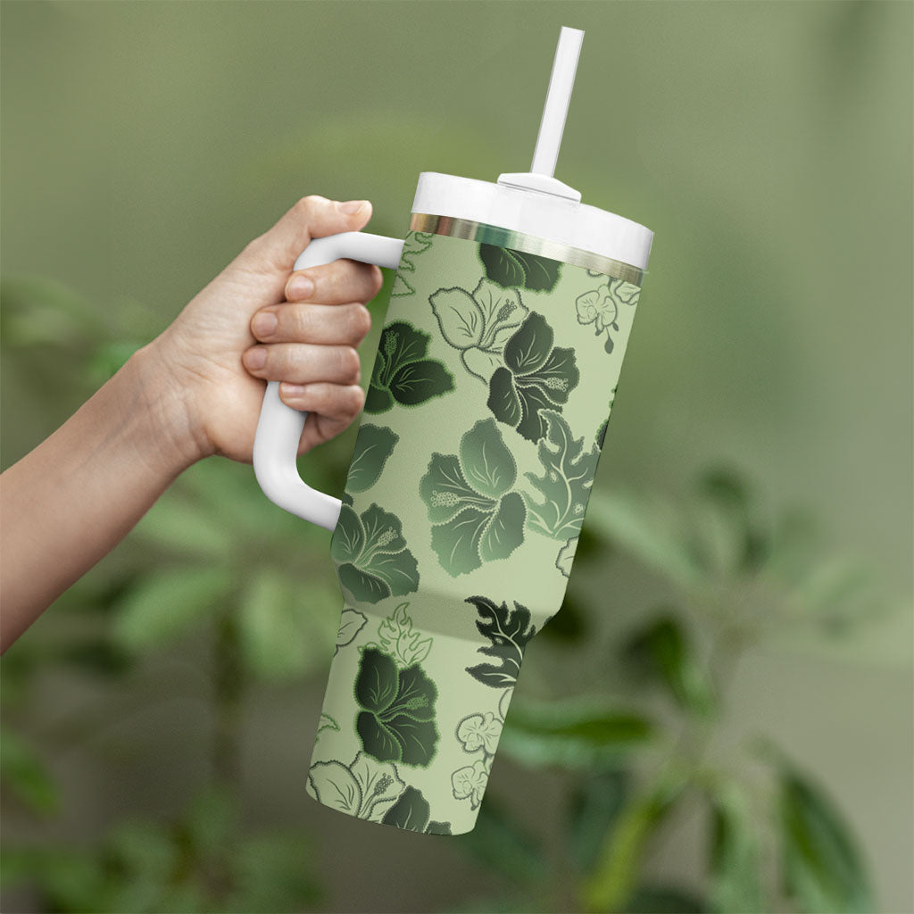 Vesuvian Green Aloha Hawaii Hibiscus Orchid Seamless Tumbler With Handle