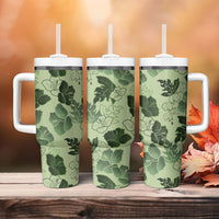 Vesuvian Green Aloha Hawaii Hibiscus Orchid Seamless Tumbler With Handle