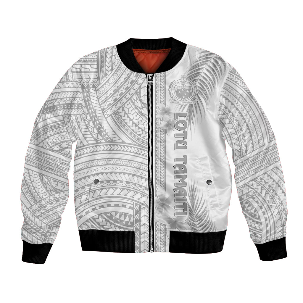 Samoa White Sunday Bomber Jacket Manuia le Aso Sa o Tamaiti Polynesian Plumeria LT14 Unisex White - Polynesian Pride