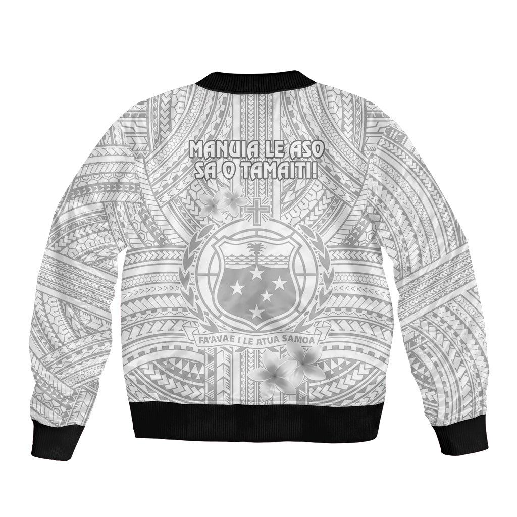 Samoa White Sunday Bomber Jacket Manuia le Aso Sa o Tamaiti Polynesian Plumeria LT14 - Polynesian Pride