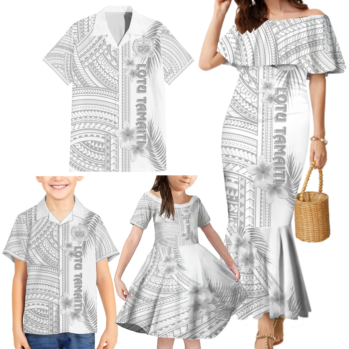 samoa-white-sunday-family-matching-mermaid-dress-and-hawaiian-shirt-manuia-le-aso-sa-o-tamaiti-polynesian-plumeria