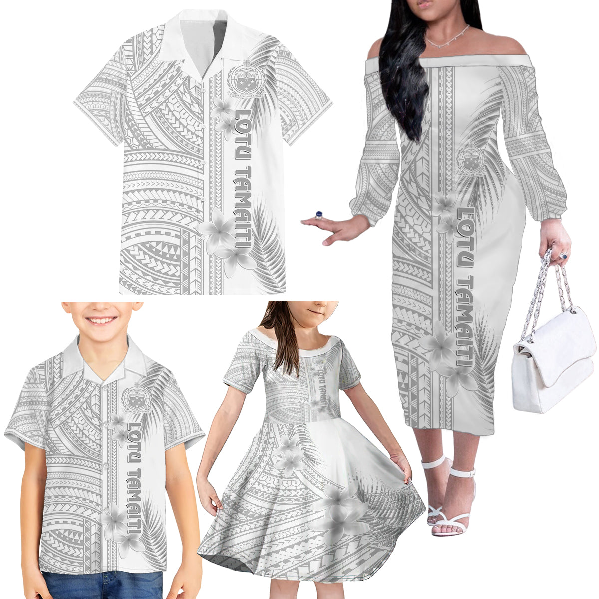 samoa-white-sunday-family-matching-off-shoulder-long-sleeve-dress-and-hawaiian-shirt-manuia-le-aso-sa-o-tamaiti-polynesian-plumeria