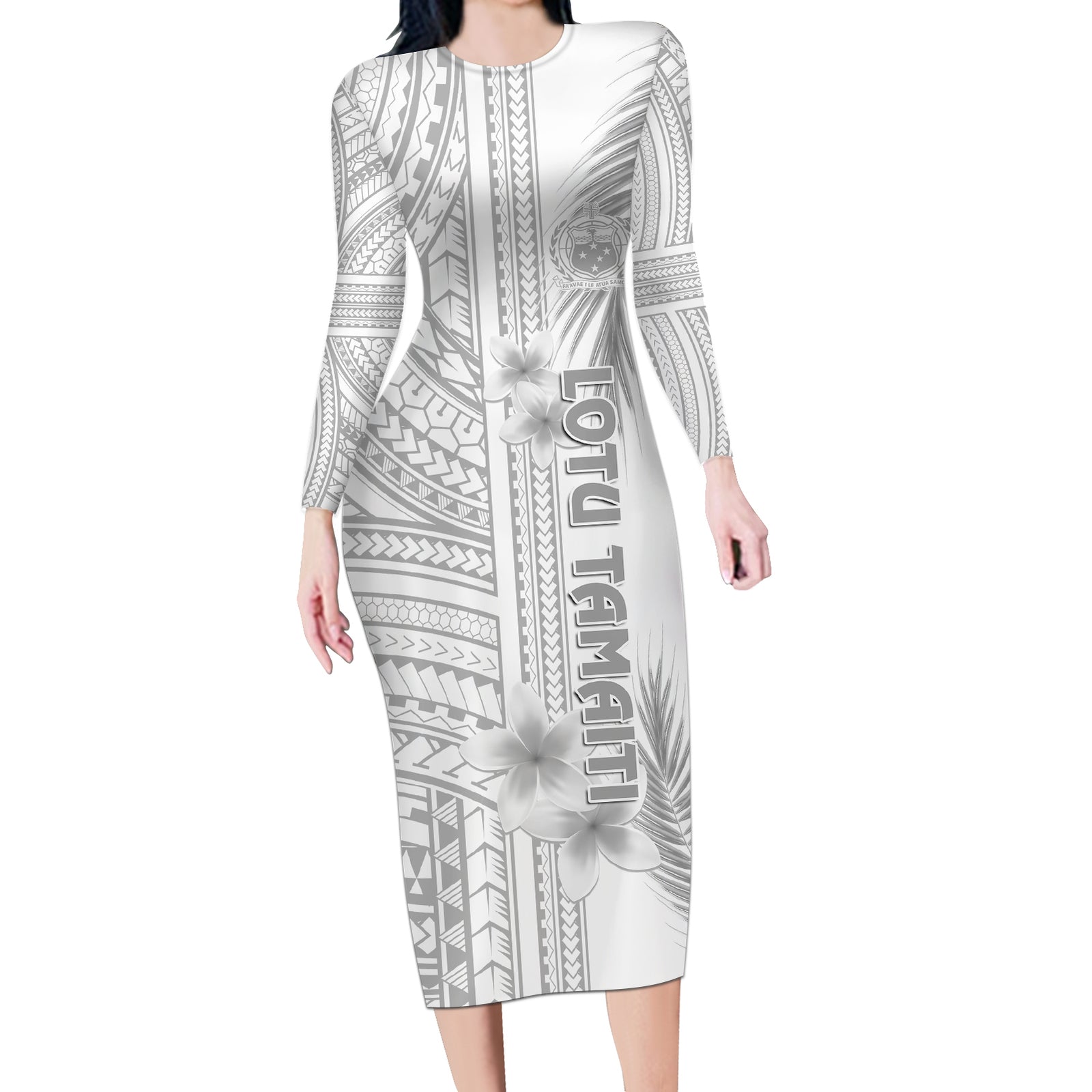 Personalised Samoa White Sunday Long Sleeve Bodycon Dress Manuia le Aso Sa o Tamaiti Polynesian Plumeria LT14 Long Dress White - Polynesian Pride
