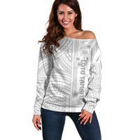Personalised Samoa White Sunday Off Shoulder Sweater Manuia le Aso Sa o Tamaiti Polynesian Plumeria LT14 Women White - Polynesian Pride