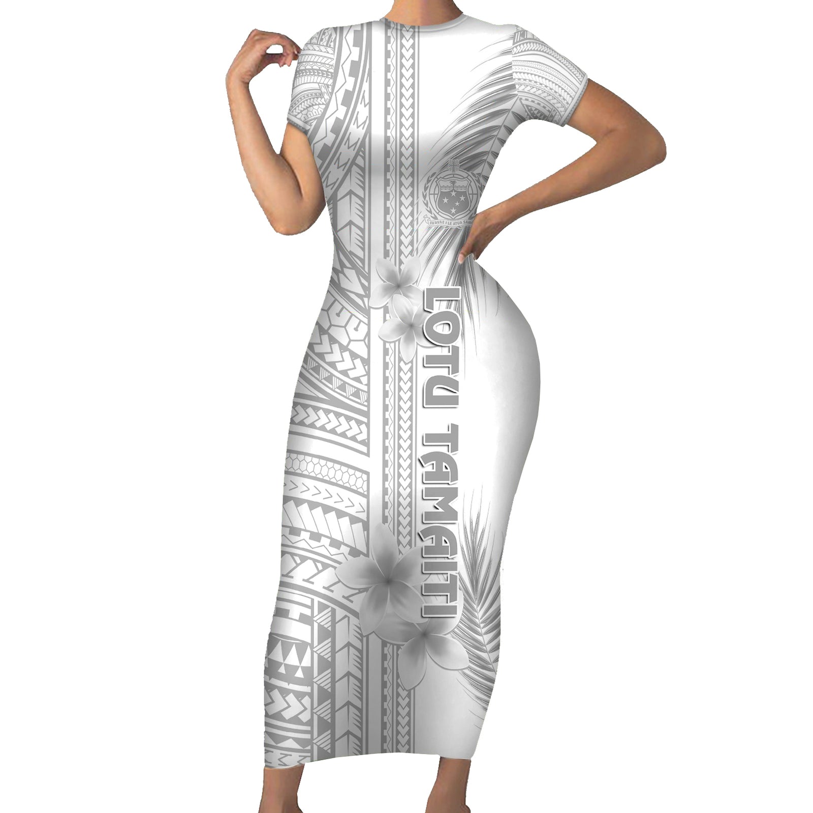Personalised Samoa White Sunday Short Sleeve Bodycon Dress Manuia le Aso Sa o Tamaiti Polynesian Plumeria LT14 Long Dress White - Polynesian Pride