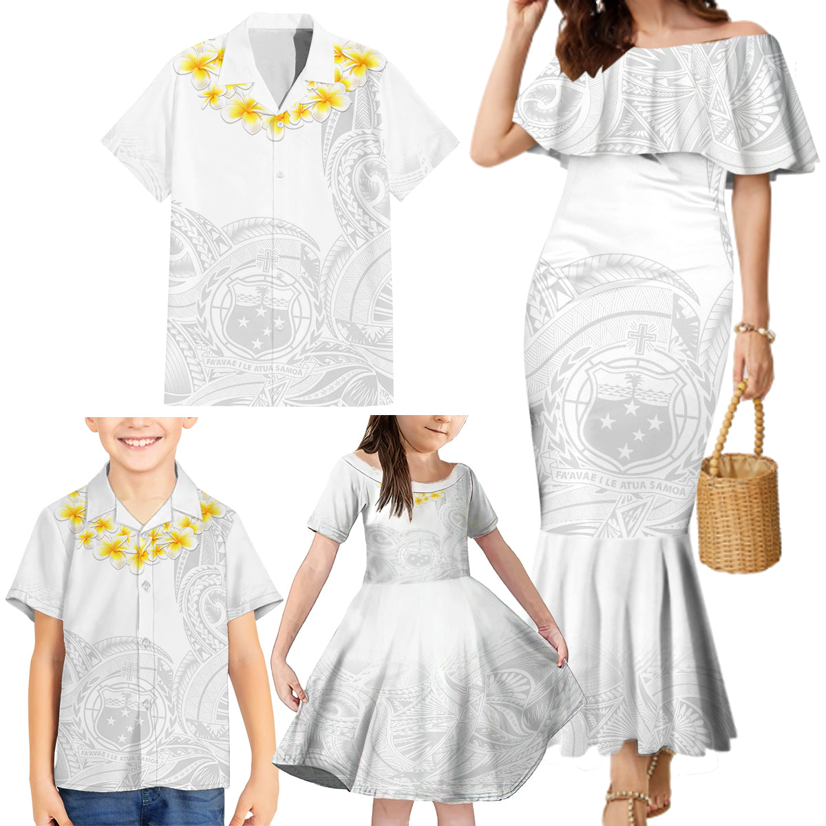 Samoa White Sunday Family Matching Mermaid Dress and Hawaiian Shirt Lotu Tamaiti 2023 With Coat Of Arms LT14 - Polynesian Pride