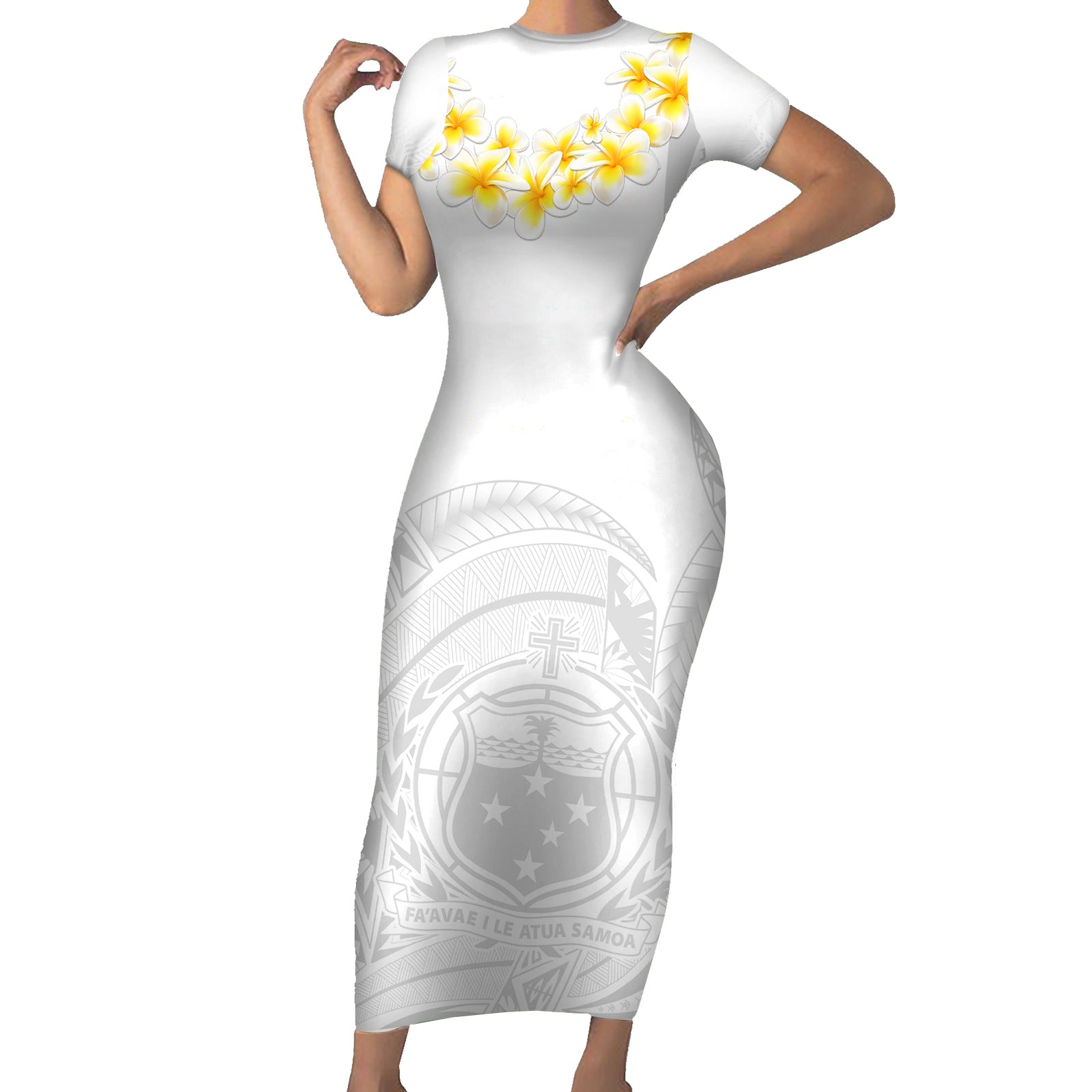 Personalised Samoa White Sunday Short Sleeve Bodycon Dress Lotu Tamaiti 2023 With Coat Of Arms LT14 Long Dress White - Polynesian Pride