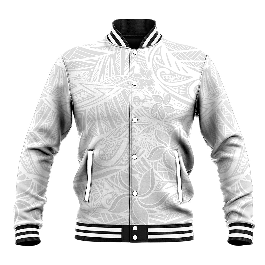 Polynesia White Sunday Baseball Jacket Polynesian Pattern With Tropical Flowers LT14 Unisex White - Polynesian Pride