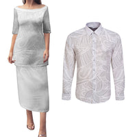 Polynesia White Sunday Couples Matching Puletasi Dress and Long Sleeve Button Shirts Polynesian Pattern With Tropical Flowers LT14 White - Polynesian Pride