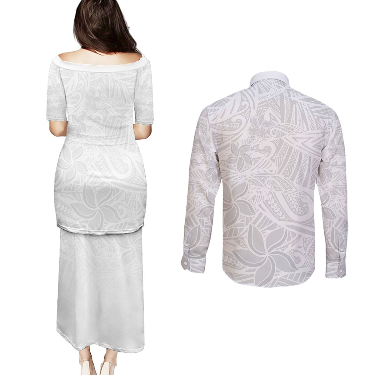 Polynesia White Sunday Couples Matching Puletasi Dress and Long Sleeve Button Shirts Polynesian Pattern With Tropical Flowers LT14 - Polynesian Pride