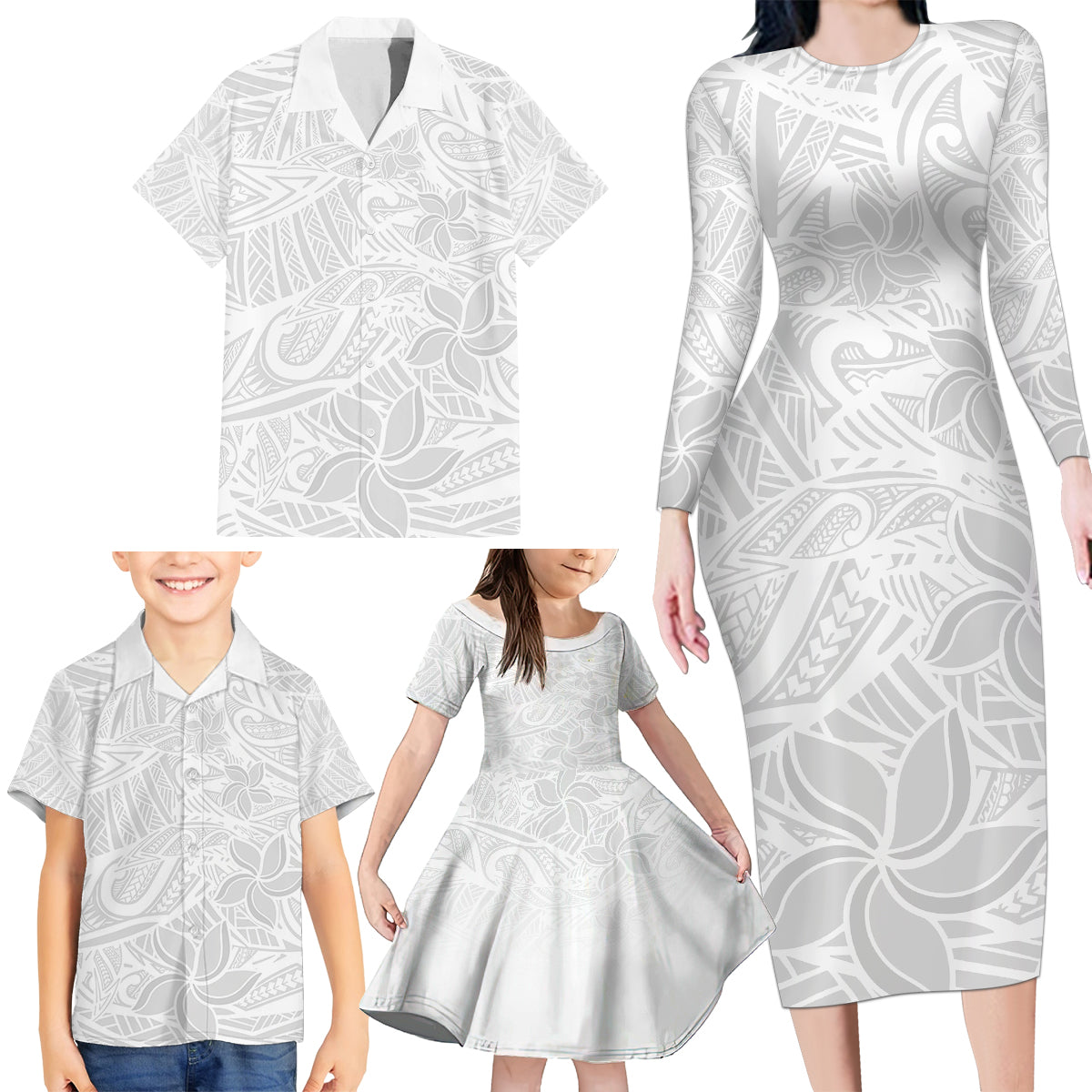 Polynesia White Sunday Family Matching Long Sleeve Bodycon Dress and Hawaiian Shirt Polynesian Pattern With Tropical Flowers LT14 - Polynesian Pride