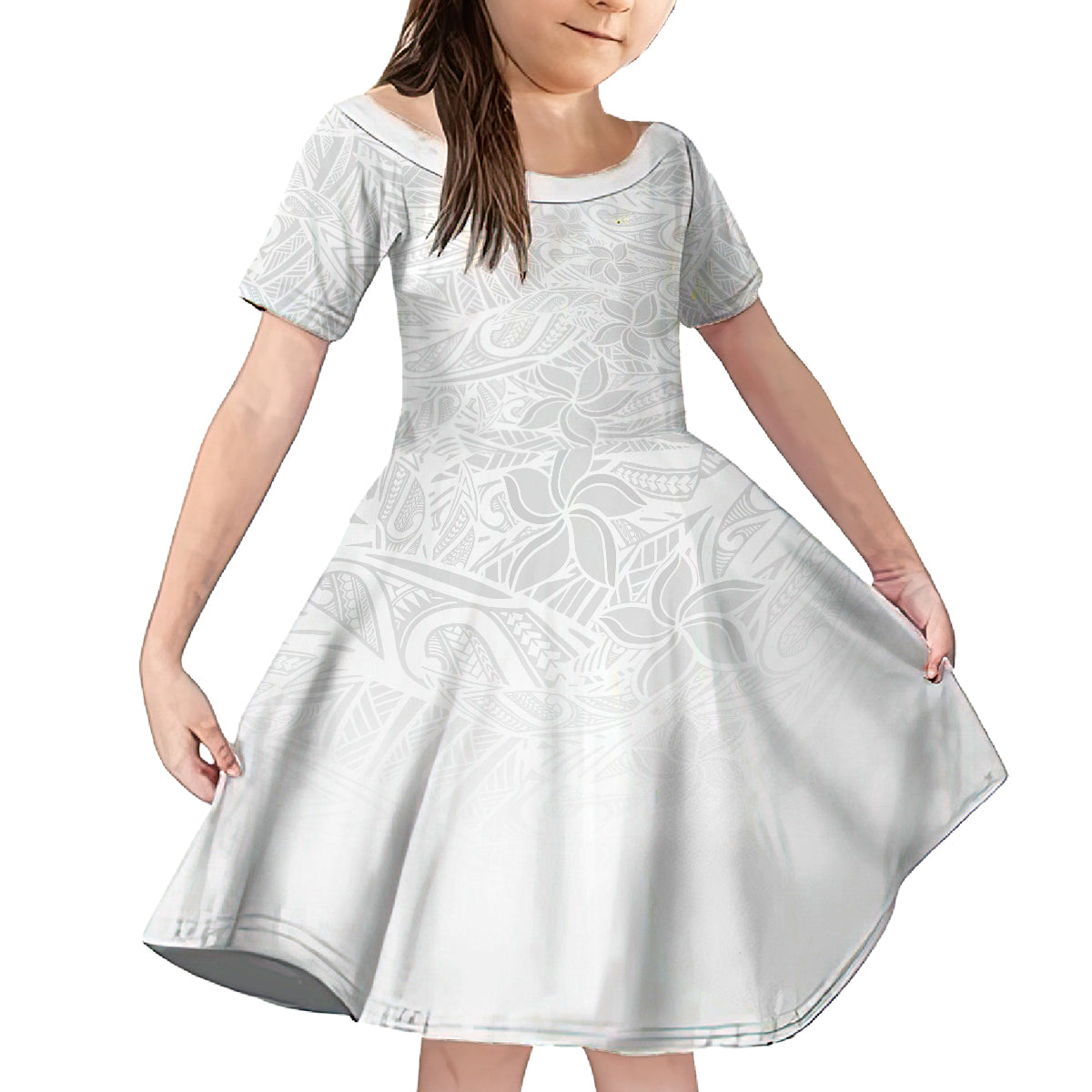 Polynesia White Sunday Kid Short Sleeve Dress Polynesian Pattern With Tropical Flowers LT14 KID White - Polynesian Pride