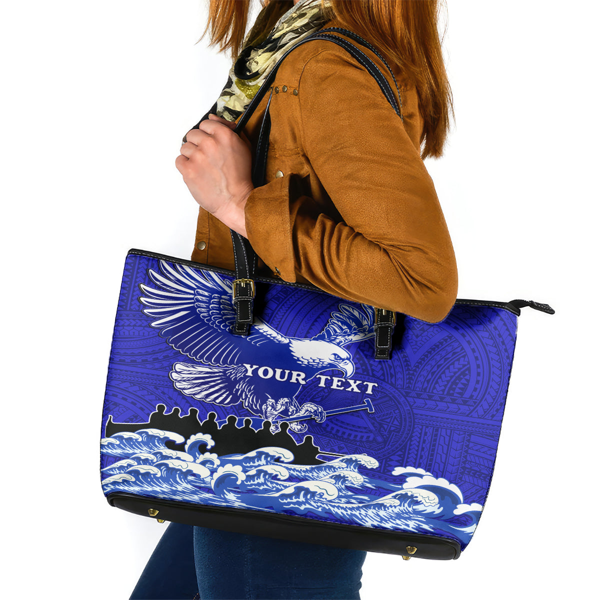 Personalised American Samoa Fautasi Race Leather Tote Bag Eagle With Polynesian Pattern LT14 Blue - Polynesian Pride