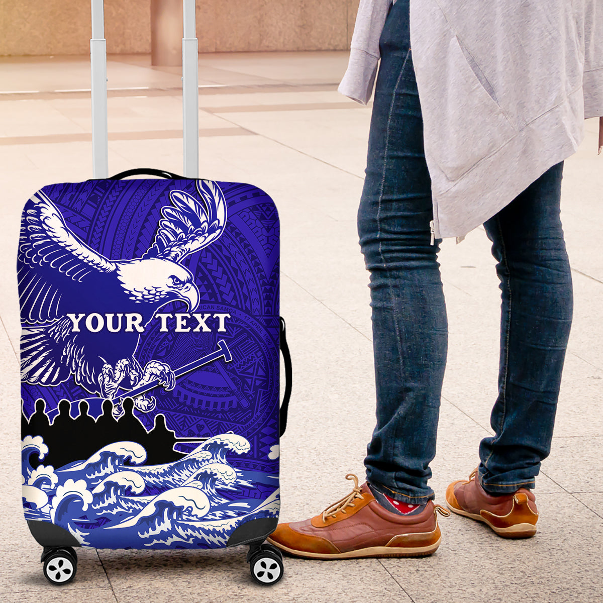 Personalised American Samoa Fautasi Race Luggage Cover Eagle With Polynesian Pattern LT14 Blue - Polynesian Pride