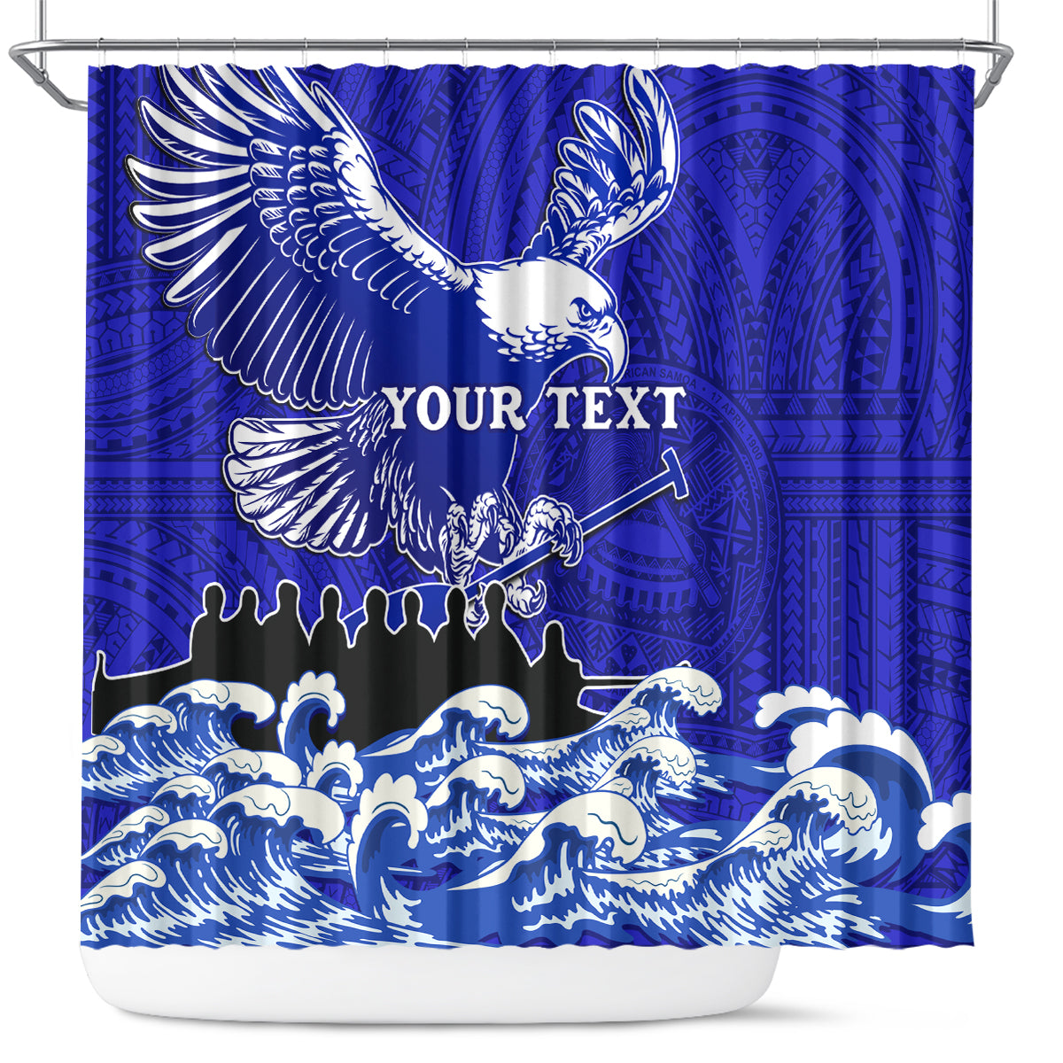 Personalised American Samoa Fautasi Race Shower Curtain Eagle With Polynesian Pattern LT14 Blue - Polynesian Pride