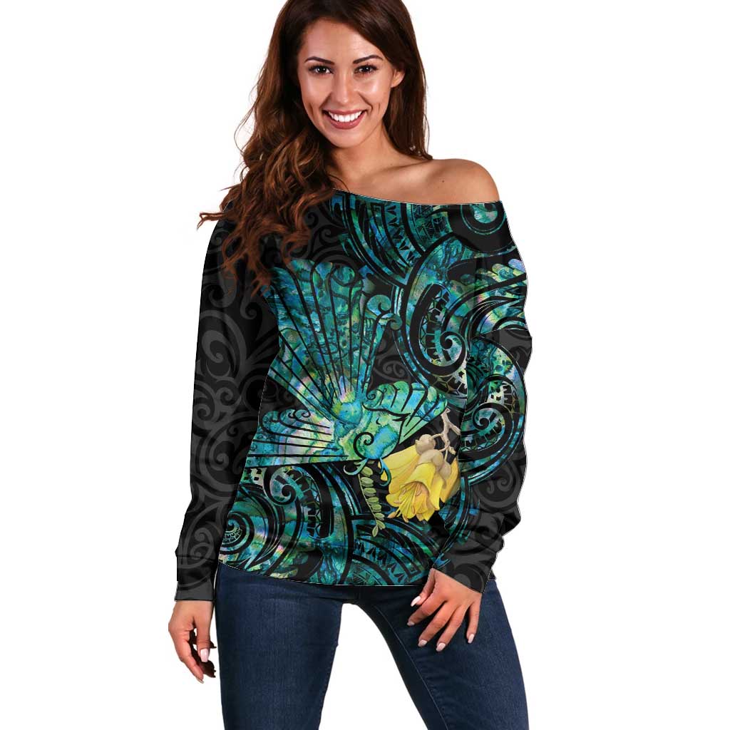 New Zealand Fantail Bird Off Shoulder Sweater Maori Piwakawaka Kowhai - Paua Shell Pattern LT14 Women Green - Polynesian Pride