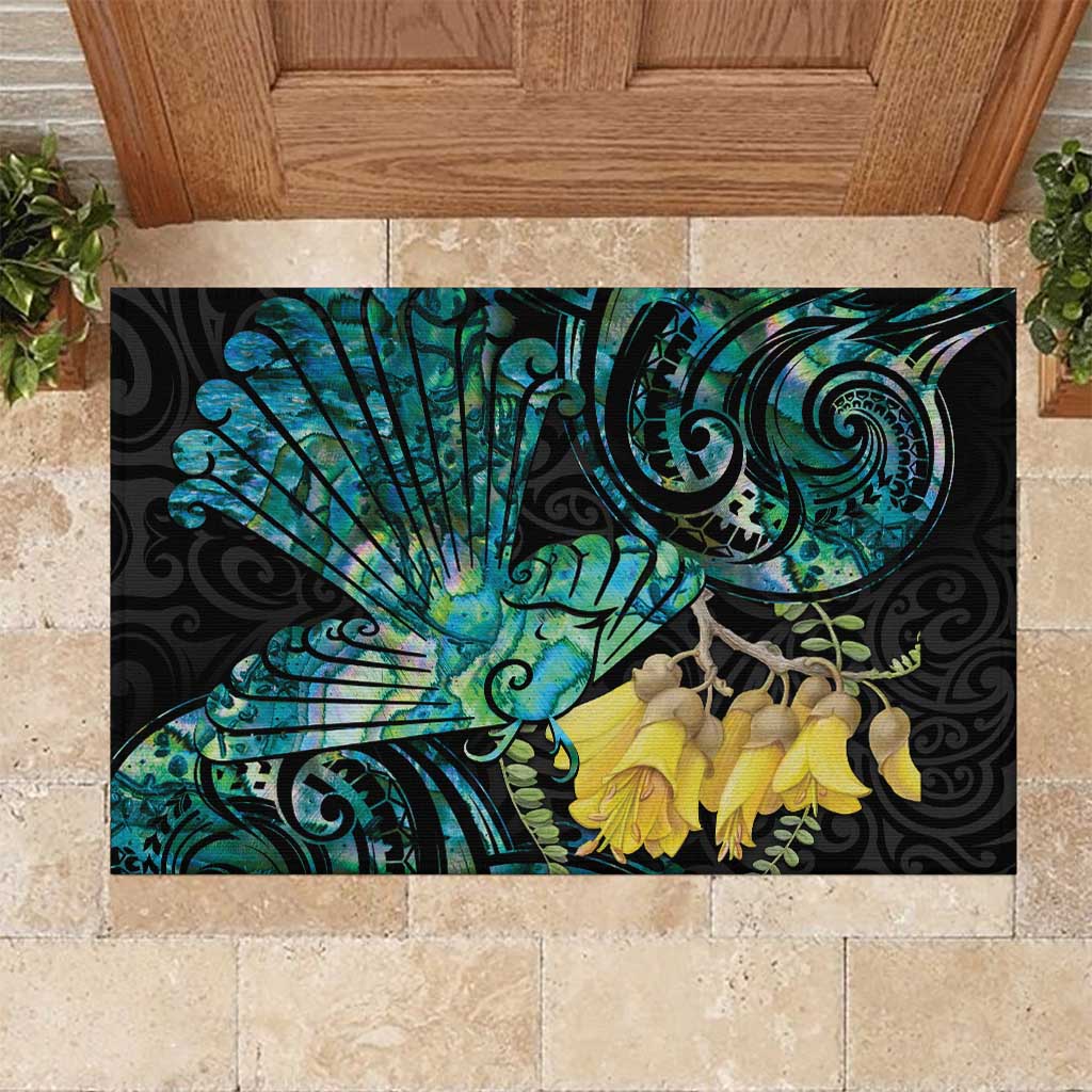 New Zealand Fantail Bird Rubber Doormat Maori Piwakawaka Kowhai - Paua Shell Pattern LT14 Green - Polynesian Pride