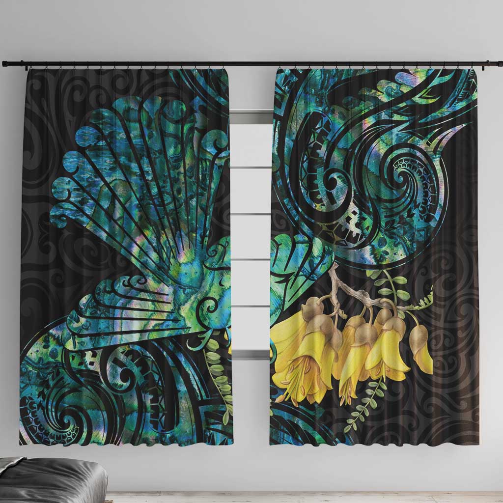 New Zealand Fantail Bird Window Curtain Maori Piwakawaka Kowhai - Paua Shell Pattern LT14 With Hooks Green - Polynesian Pride