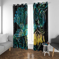 New Zealand Fantail Bird Window Curtain Maori Piwakawaka Kowhai - Paua Shell Pattern LT14 With Grommets Green - Polynesian Pride