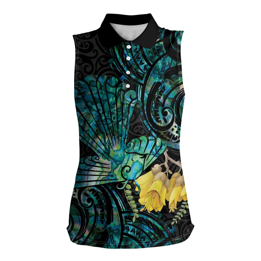 New Zealand Fantail Bird Women Sleeveless Polo Shirt Maori Piwakawaka Kowhai - Paua Shell Pattern