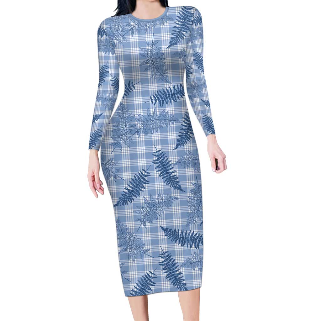 Blue Palaka Hawaii Palapalai Long Sleeve Bodycon Dress Hawaiian Fern LT14 Long Dress Blue - Polynesian Pride