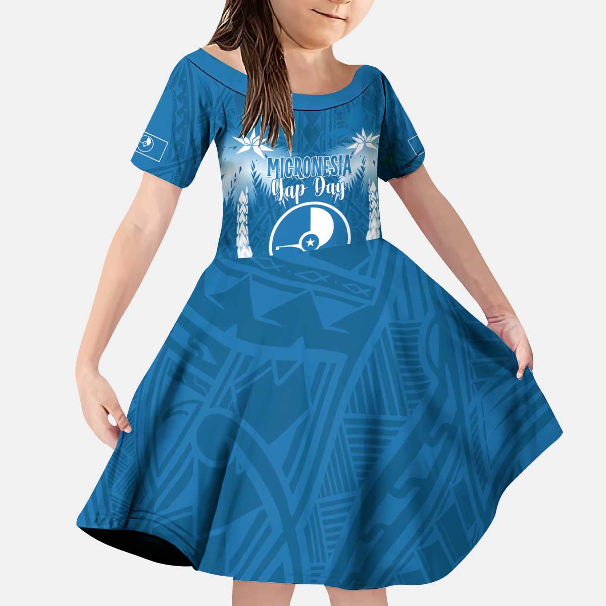 FSM Yap Day Kid Short Sleeve Dress 2025 Wa'ab Micronesia Flag Color LT14 KID Blue - Polynesian Pride