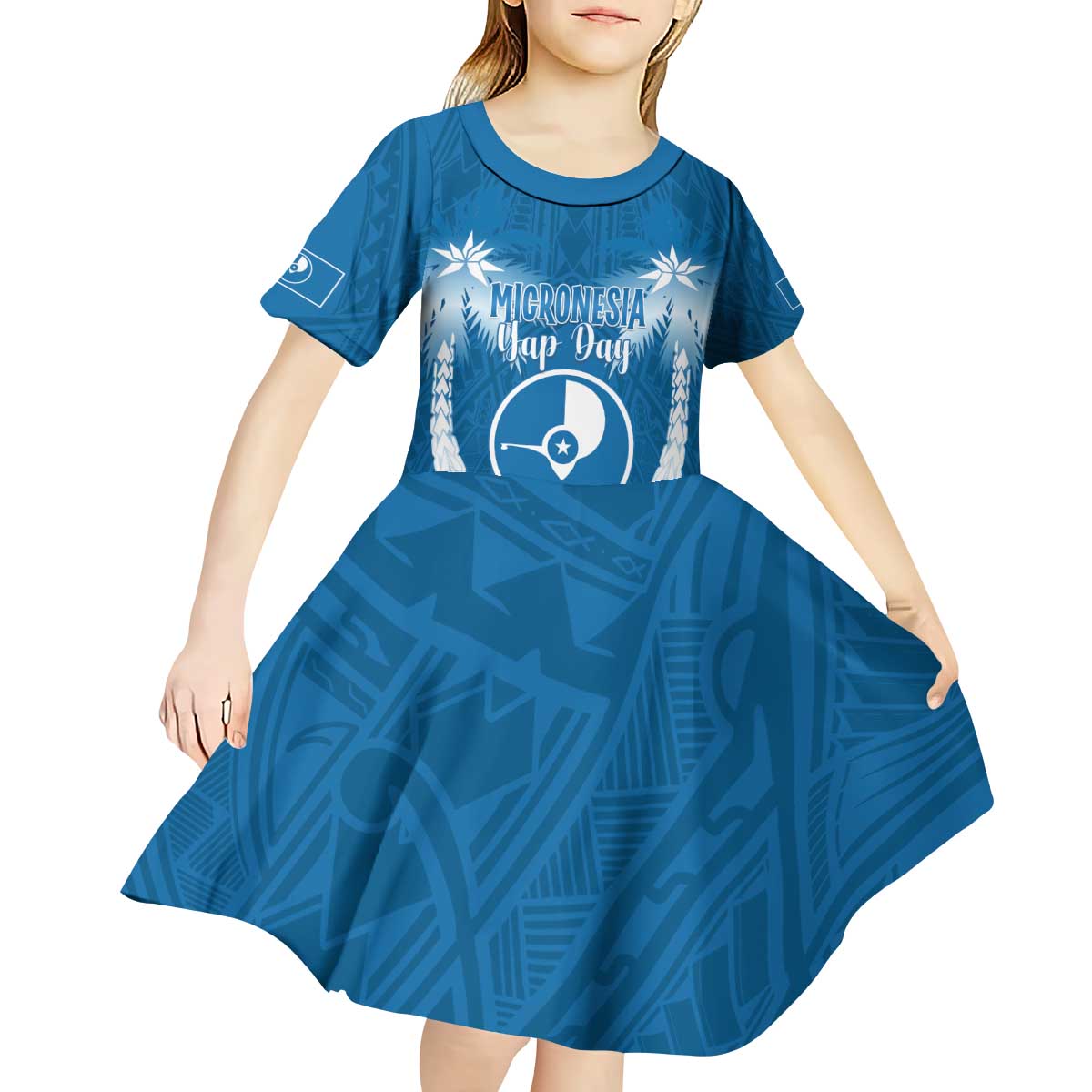 FSM Yap Day Kid Short Sleeve Dress 2025 Wa'ab Micronesia Flag Color LT14 - Polynesian Pride