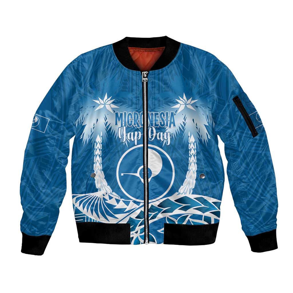 FSM Yap Day Sleeve Zip Bomber Jacket 2025 Wa'ab Micronesia Flag Color LT14 Unisex Blue - Polynesian Pride
