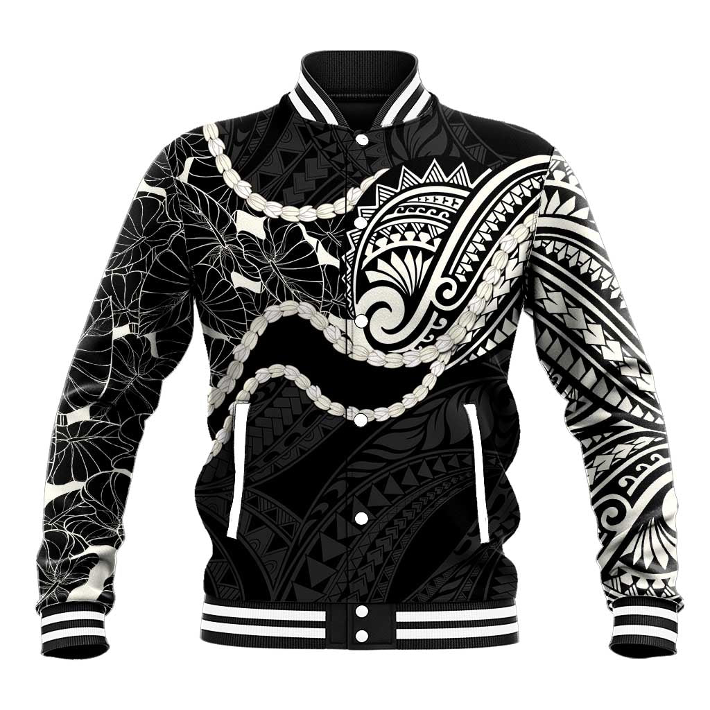 Aloha Hawaii Kalo Pikake Lei Baseball Jacket Chest Tattoo Black Hawaiian Pattern LT14 Unisex Black - Polynesian Pride