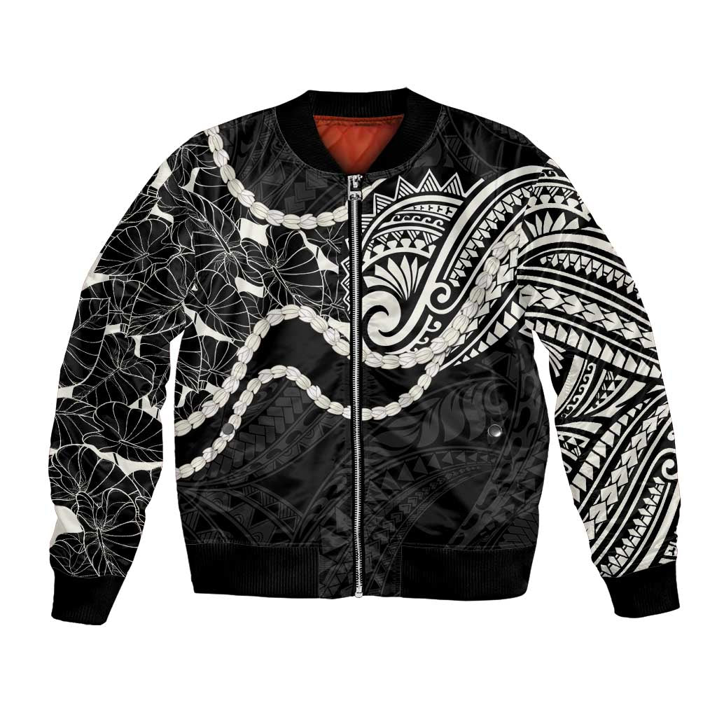 Aloha Hawaii Kalo Pikake Lei Bomber Jacket Chest Tattoo Black Hawaiian Pattern LT14 Unisex Black - Polynesian Pride