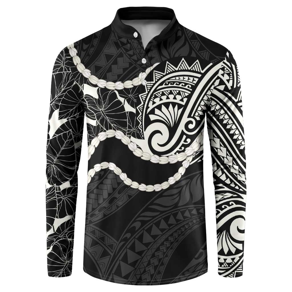 Aloha Hawaii Kalo Pikake Lei Button Sweatshirt Chest Tattoo Black Hawaiian Pattern LT14 Black - Polynesian Pride